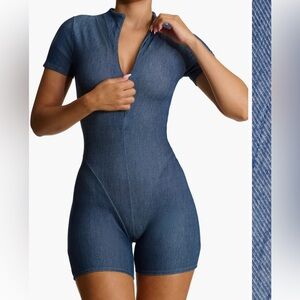 Naked Wardrobe Short Sleeve Front Zip Denim Romper US M